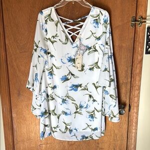 Floral V-Neck Blouse with Blue and Green Accents